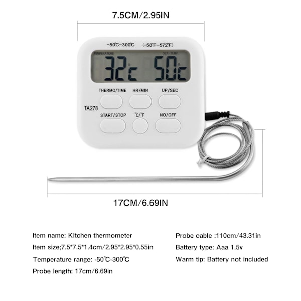 Kötttermometer, magnetisk baksida och stativ för problemfri övervakning, -50 °C till 300 °C intervall, 99 timmar 59 minuter 59 sekunder timer, för_xx