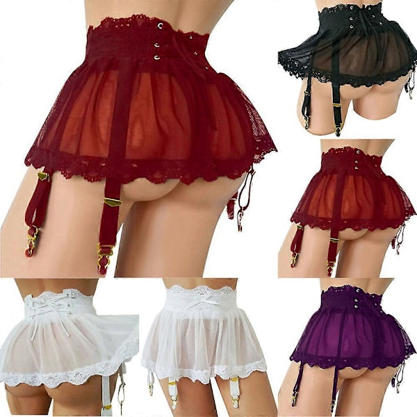 Sexig transparent minikjol för kvinnor, justerbara band, snörning, underkläder, vinröd XL Wine Red