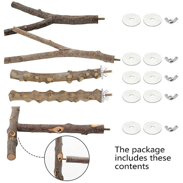 Set med 5 naturliga träpinnar för fåglar, naturliga träpinnar, fågeltillbehör, parakiter, fågel leksaker, stående klättrare, fågelbur