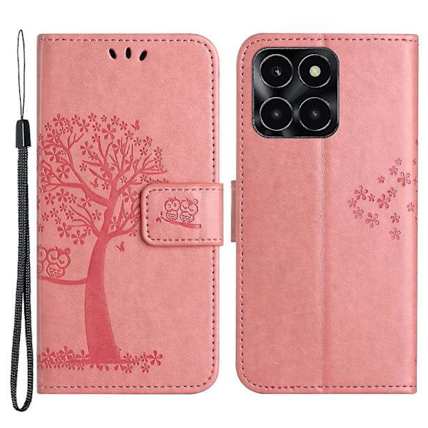 For Honor X6a 4g Owl Tree Tryckt PU-Läder Stativfodral Fullt Skyddande Omslag Pink