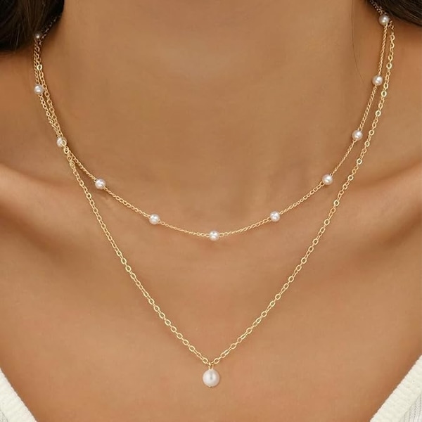 Guld Pärl Halsband för Kvinnor, 14K Guldförgyllt Lager Pärl Halsband för Kvinnor
