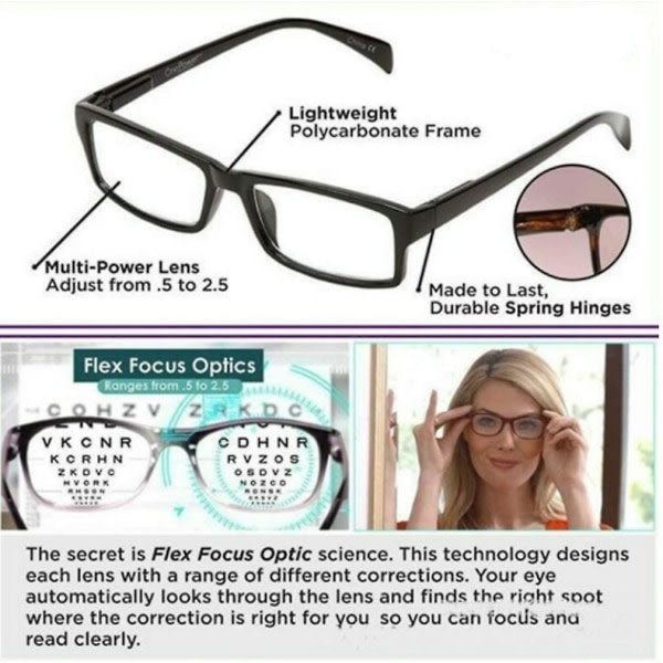 Justerbara läsglasögon med flexibel och transparent fokus, automatisk justering av optiska läslinser från 0,5 till 2,75