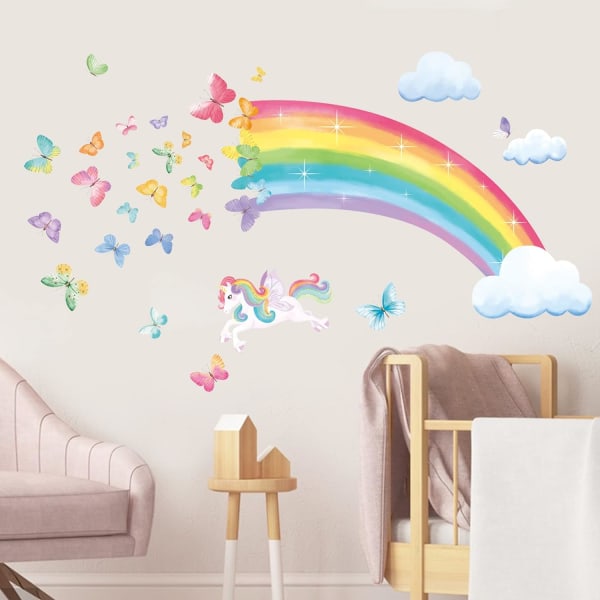 Regnbue veggdekor Enhjørning regnbue sommerfugler skyer veggdekor Baby jenter soverom Stue veggdekor