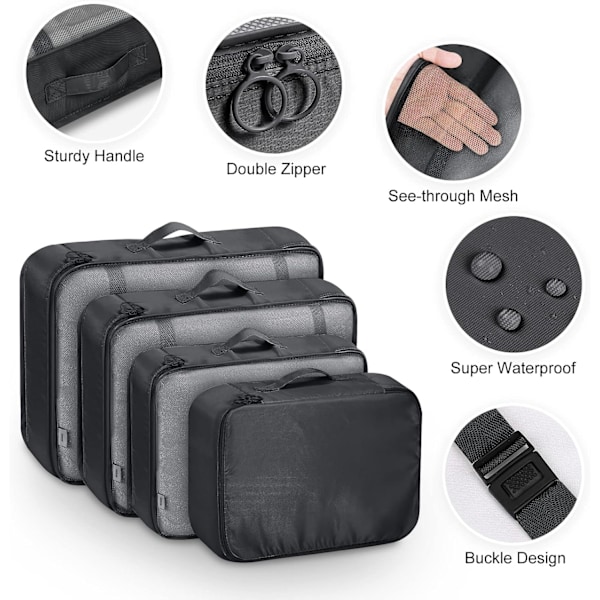 8-delt Pakke Cubes, Tøjposer, Kuffert Organizer til Ferie og Rejser, Pakke Cube Sæt Rejse Cubes - Sort black