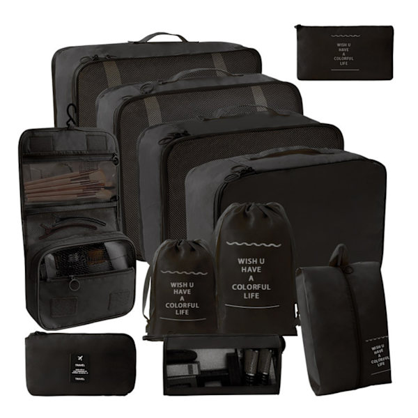 9 stk/11 stk Reiseoppbevaringssett i ensfarget stoff Bærbar koffert Klærpakkepose for reise Black 11 pcs