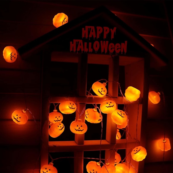 Halloween-gresskarstrenglys - 20 LED 9,8 fot 3D Søte Vanntette Oransje, 2 Moduser Stabil/Blinkende Lys for Innendørs Utendørs Dekor Festdekorasjoner