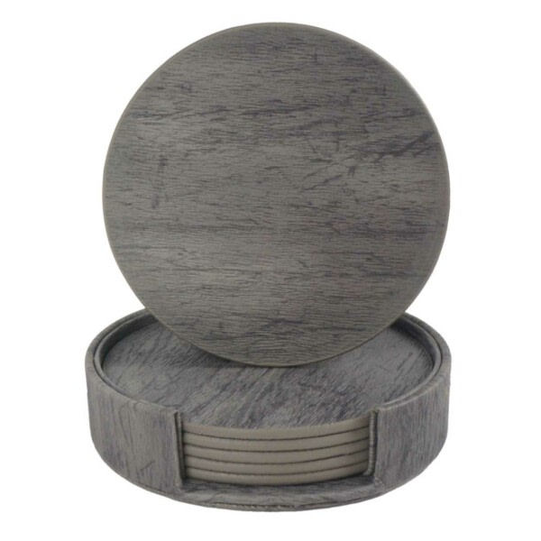 6-Pack Reversible Coasters PU with Holder Gray Wood gray