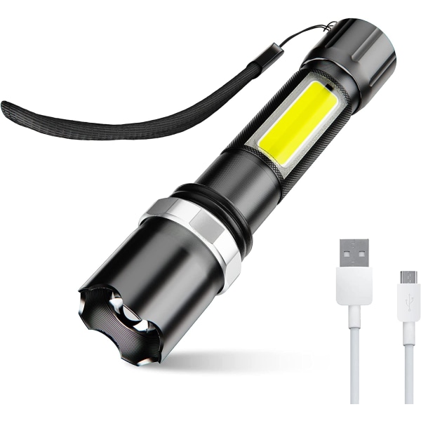 LED lommelygte, lommelygte LED genopladelig 600 LM, 3 modes USB-opladning mini lommelygte vandtæt IPX5