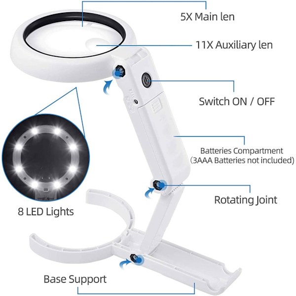Forstørrelsesglas med 8 LED-lys, 5X 11X håndholdt og sammenklappelig lup og belyst skrivebord 2 i 1 opgraderingsversion til seniorer og børn (hvid)