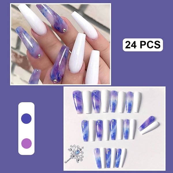 24 stk lang kistepresse på negle Gradient blå akryl falske negle til kvinder og piger