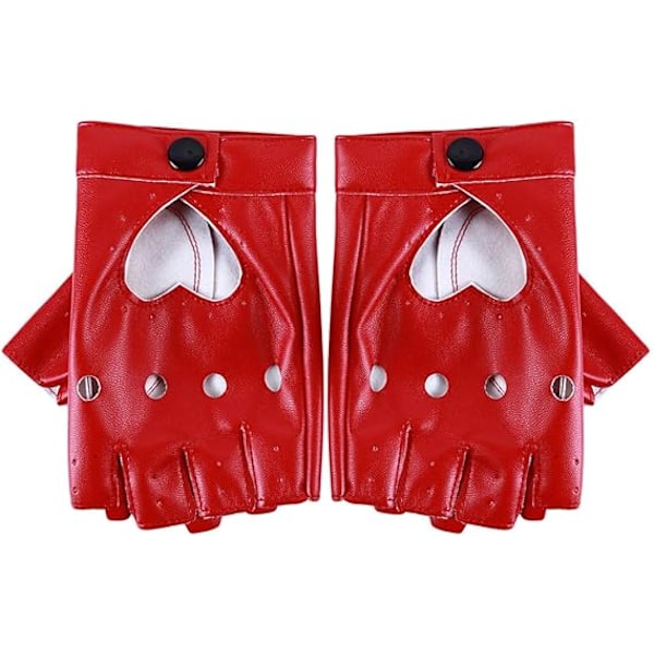Fingerløse Biker Jazz Handsker - 80'er Stil Gothic Rød Kunstlæder Punk Biker Handsker med Hjerteudsnit til Kvinder og Børn Red