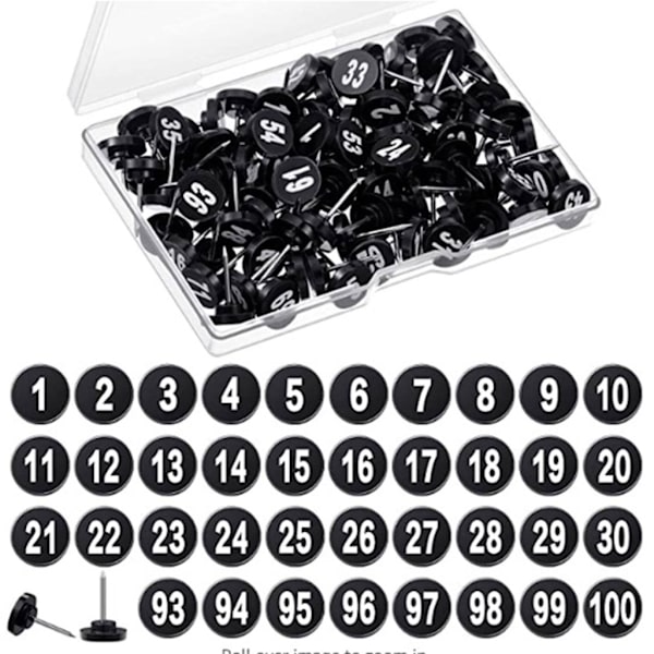 100 Numrerade Kartnålar Numrerade Kartnålar för Fotoväggsdekoration Anslagstavlor - WELLNGS Black