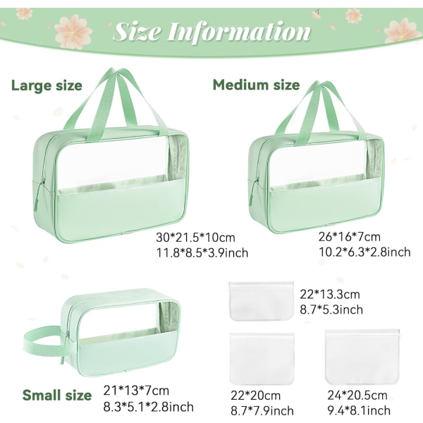 3 STK PVC kosmetiktasker med håndtagssæt, bærbar gennemsigtig rejsetoilettaske Vandtæt Green