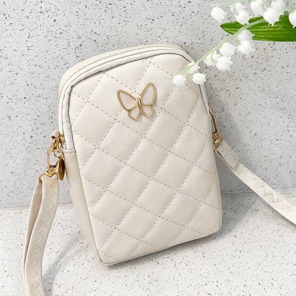 PU-läder axelväska broderade mobiltelefonfodral White