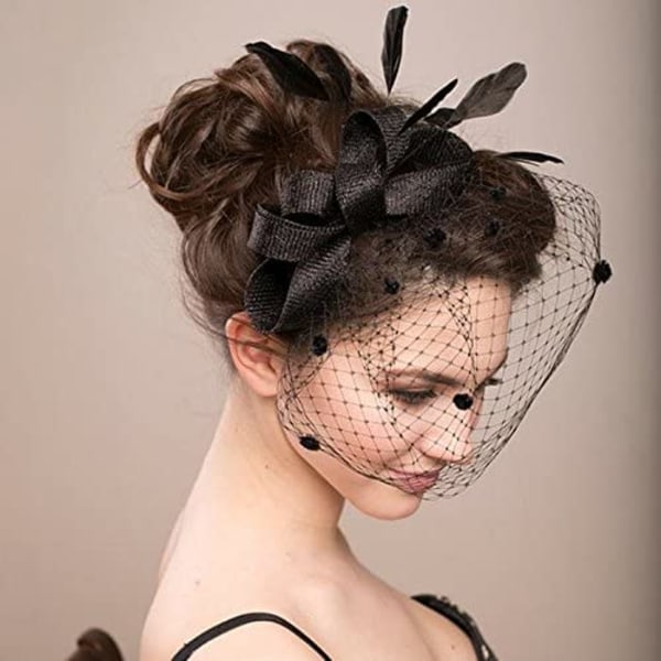 Elegant sløyfefjær for kvinner, bryllupscocktailparty, slørfascinator Hårklipshatt Mesh-nett (svart)