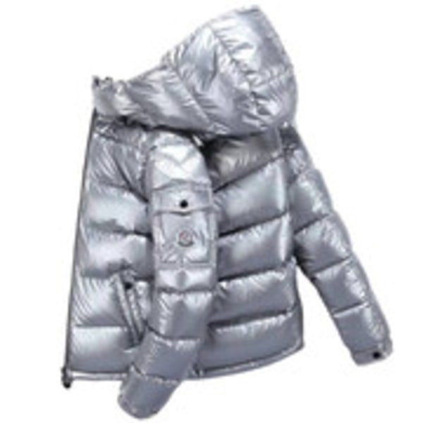 Mens Vinter Kort Shiny Stand Krage Vattentät Hooded Down Jacka Silver silver S