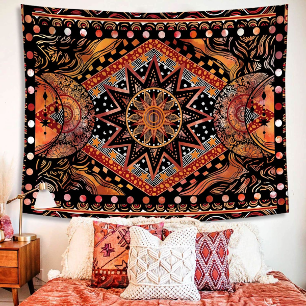 Oranssi Aurinko ja Kuu -taustakuva, Cool Indie Hippie Mandala -taustakuva, esteettinen tapetti makuuhuoneeseen, olohuone, makuusali (oranssi, 28" × 37")