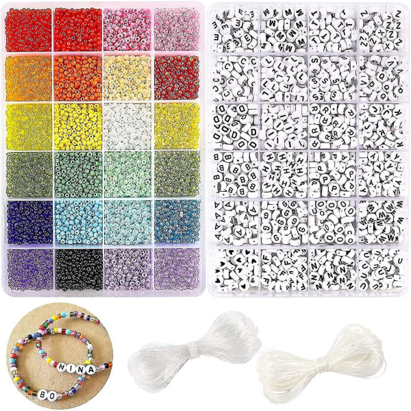 Craft Beads Kit 10800pcs 3mm Glass Seed Beads ja 1200pcs Letter Beads ystävyysrannekkeiden, korujen, kaulakorujen ja avaimenperien valmistukseen, 2 rullaa O