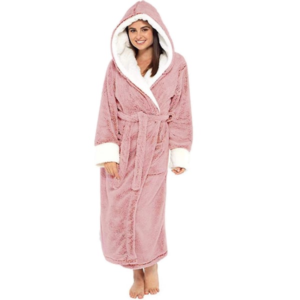Kvinders Sherpa Fleece morgenkåbe Blød morgenkåbe Fluffy bugsering badekåbe hætte Pink M