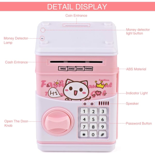 Elektronisk Cat Piggy Bank for Kids Cash Cartoon Minibank Pengesparebank for barn med passord og musikk Flott gaveleke (rosa)