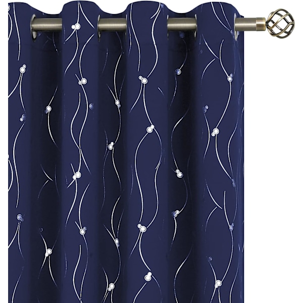 Navy Blue Blackout Curtains 84" Long 2 Panel Sleeve Insulated Room Blackout Curtains with Wave Line and Print Bedroom, 52 x 84"