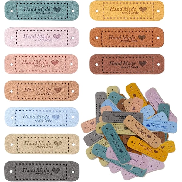 Pakke med 100 håndlavede tøjlabels, personlige læderlabels, håndlavede sylabels med huller til strikning (10 farver, 56 x 15mm)