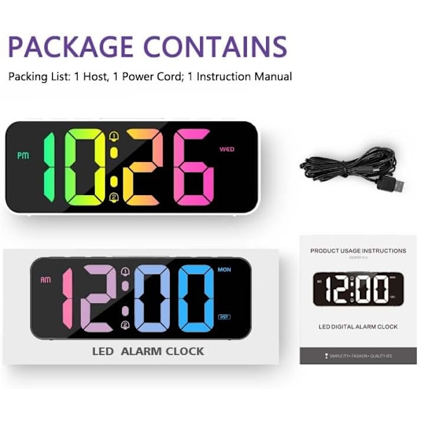 Digital väckarklocka, LED-bordsklocka med 11 karaktärsfärger, väckarklocka, digital klocka med snooze, batteridriven och USB-laddning (1,5 m)