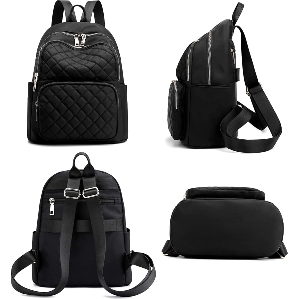 Ryggsäck för kvinnor, Nylon Reseryggsäck Handväska Svart axelväska Liten Casual Daypack för flickor (svart vadderad)