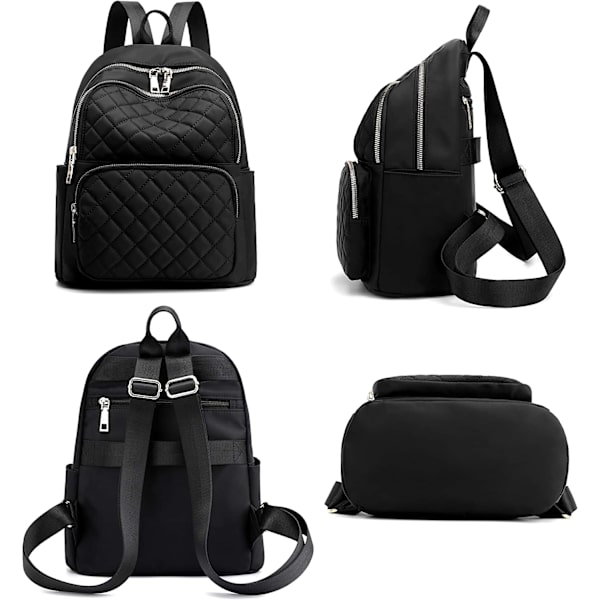 Rygsæk til kvinder, nylon rejserygsæk taske sort skuldertaske lille casual daypack til piger (sort quiltet)