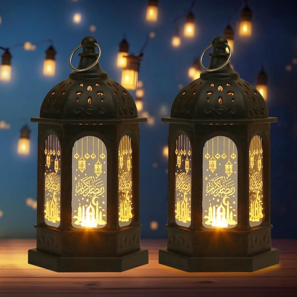 2 stk. Ramadan Lanterner Dekoration 5,2\" Højde Retro Hængende Lampe Eid Mubarak Flammeløs