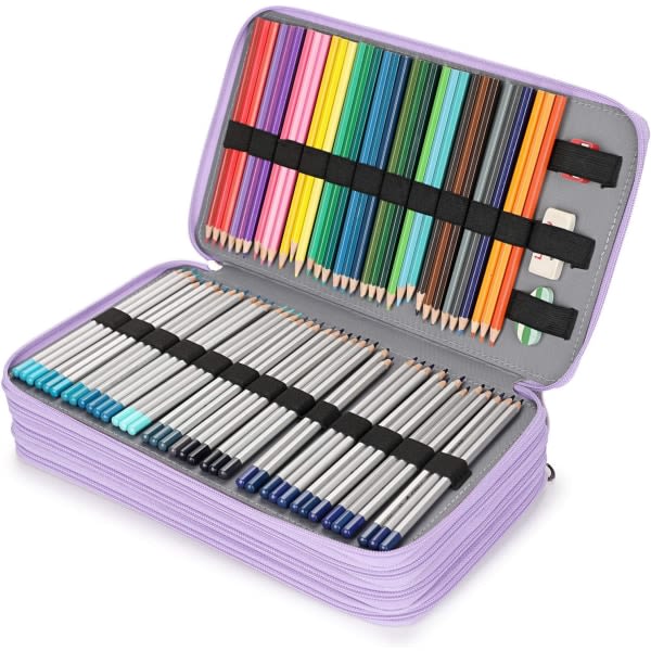 PU-etui Studenter Blyantindpakning til farveblyanter - stor kapacitet 300 blyantholder pose opbevaringspose brevpapir Organizer, lilla (ingen blyanter)