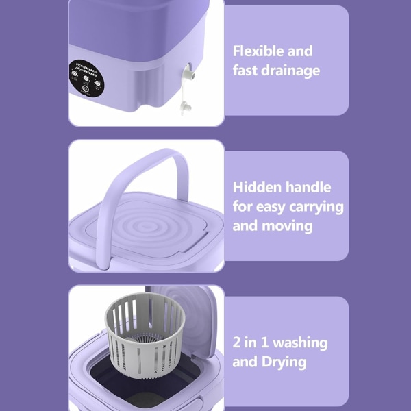 Bærbar 8L sammenklappelig minivaskemaskine, minivaskemaskine og centrifugering D