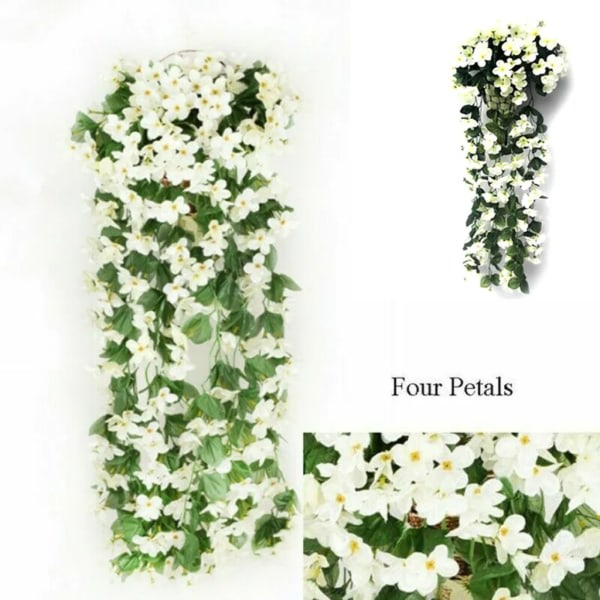 Sett med 4 85 cm hvite kunstige eføy vinranker hengende planter kunstige blader vintreet lilla blomsterdekorasjon