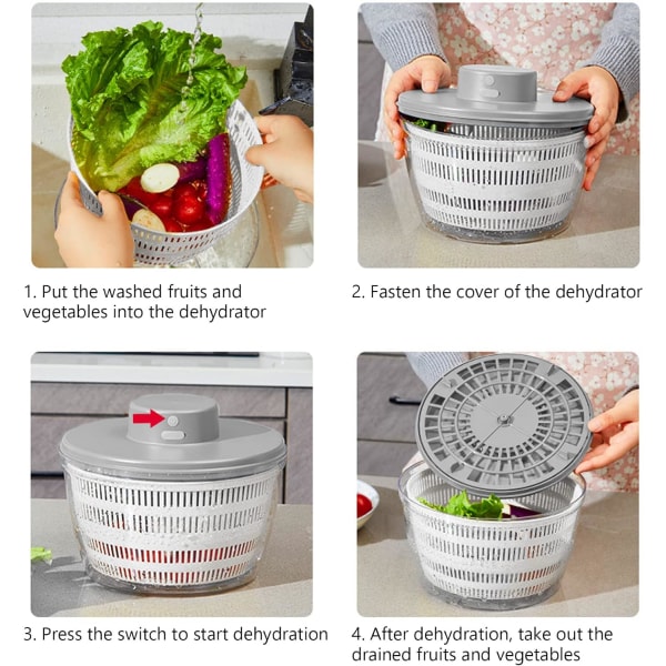 Elektrisk Salatslynge, 4000 ml Trådløs USB Ladbar Salatspinner Dehydrator