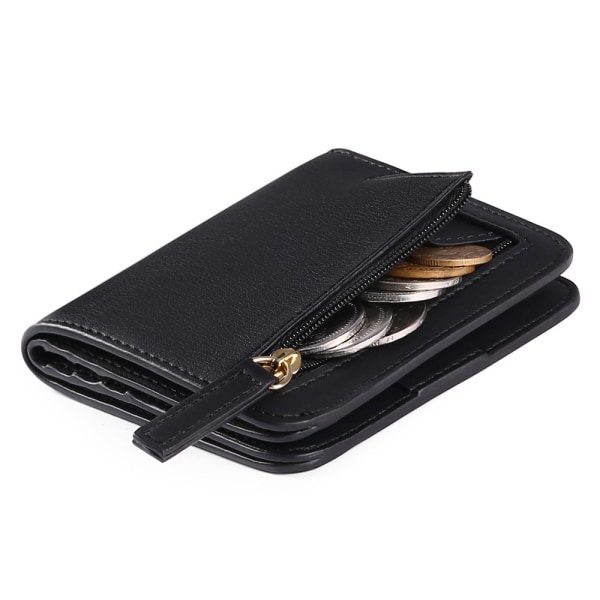 Small Compact Bifold lyxig plånbok i äkta läder, dam miniväska med ID-fönster (svart)
