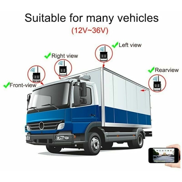 12V-24V WIFI HD Trådløst Ryggekamera for Lastebil Bred Vinkel 170 Graders Transmisjonsavstand 50m Natt Syn Vanntett IP67