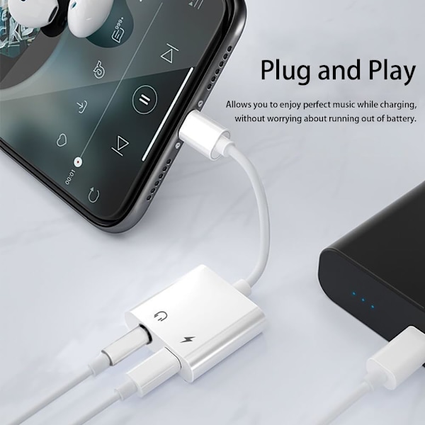 2-pak Lightning til 3,5 mm hodetelefonkontakt-adapter for iPhone Dongle 2-i-1 lader og aux-lydsplitteradapter, hvit