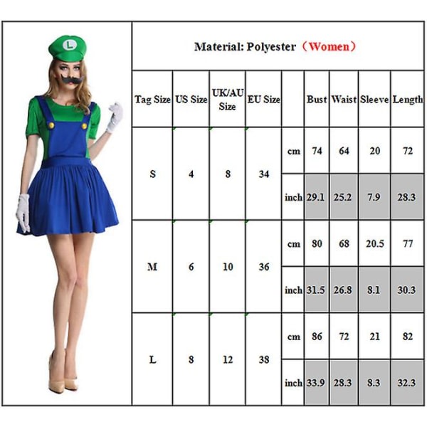 Børn Voksne Cosplay Super Mario Kostume Fancy Dress Performance Outfit Grønt Kvinder L