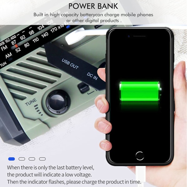 Nödväderradio, 2000mAh Solradio AM/FM Handvev Dynamo Radio USB Laddningsbar Utomhus