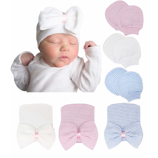 Newborn baby hat og vanter, 3 hatte og 3 par vanter til babyer, drenge, piger, i alderen 0-3 måneder