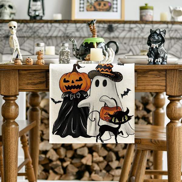 Musta ruskea pelottava kummitustalo puu noita Halloween pöytäliina, syksyinen keittiön ruokapöydän koriste kotiin juhliin 13x72 tuumaa 23