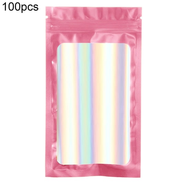 100 kpl / set Zip lock Silmiä hivelevät hajunpitävät holografiset värilliset kosmeettiset laserpakkauspussit 12*20 cm vaaleanpunaiselle