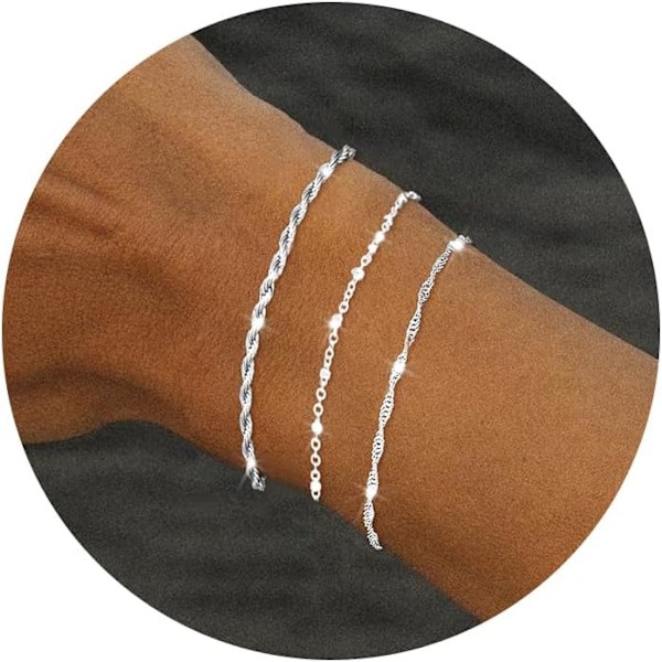 Hienohopea rannekkeet naisille, trendikkäät, 925 sterling hopea korusarja naisille, ranneke naisille, paperiliitin, kalanruotoketju, figaro, köysi C 3Pcs Sterling Silver Bracelet A