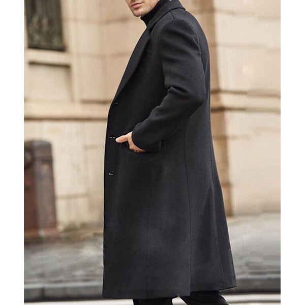 Høytidelig Herre Casual Smal Passform Ullfrakk Lang Jakke Hakkesøm Trenchcoat Black L