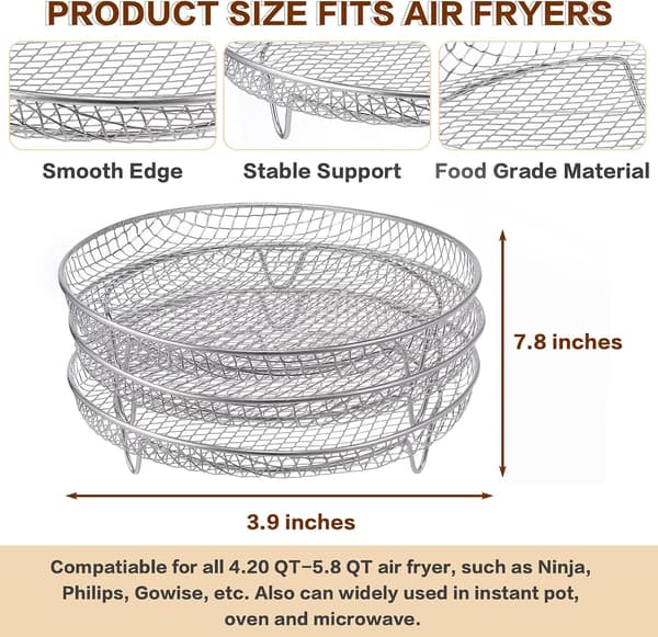 Kompatible 7-8 tommers tilbehør til airfryer, 3 stablebare stativer for Instant Vortex Nuwave Airfryer Ninja Foodi Grill 304 rustfritt stål Multi