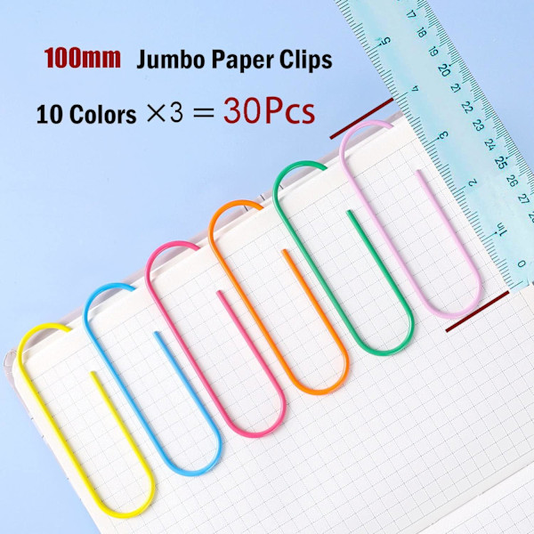 100 mm värikkäät suuret paperiliittimet, Photway 30 kpl kirkkaat vinyylipinnoitetut jumbo-paperiliittimet paperille, koulu- ja toimistotarvikkeille