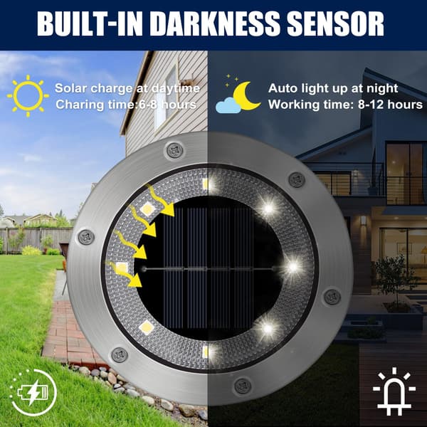Solcellsdriven markbelysning, 8 LED IP65 Vattentät Stark Vit Solcellsdeckbelysning, Lämplig för Utomhusträdgårdar, Stigar, Terrasser, Gräsmattor (8-pack)