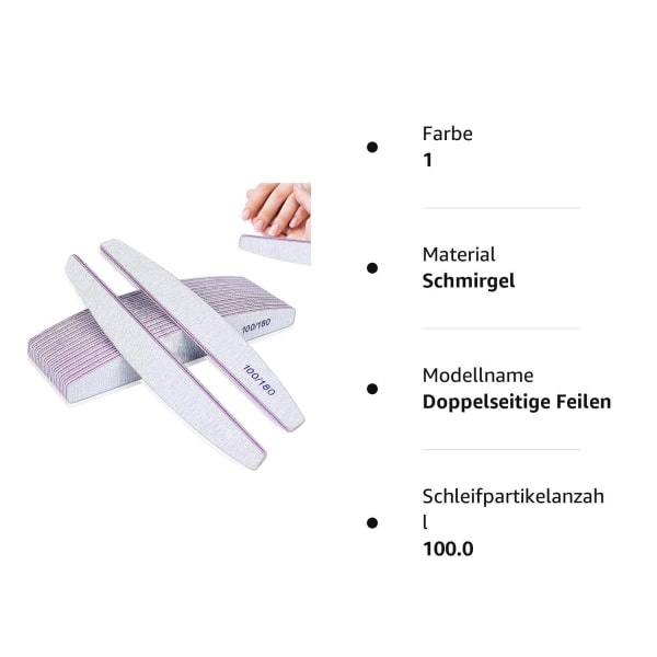 Pakke med 15 neglefile 100/180, dobbeltsidet, lilla kerne, halvmåneform
