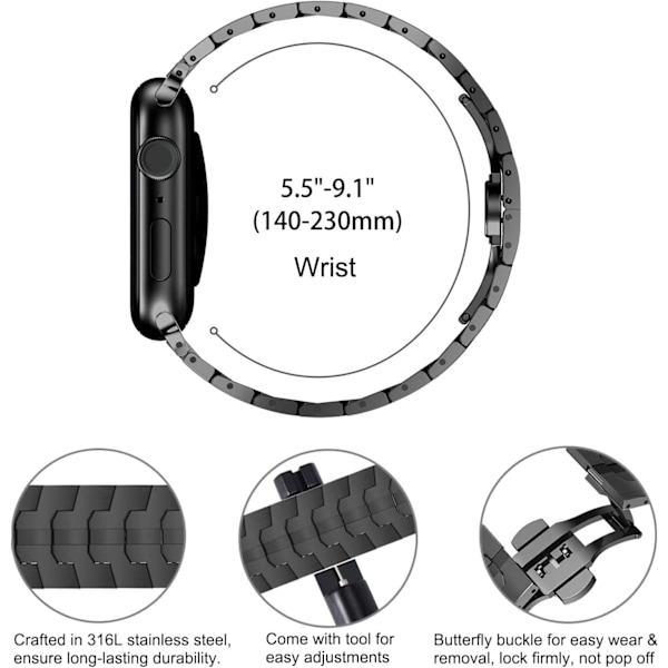 Apple Watch Ultra Armband för Män 49mm 45mm 44mm 42mm Herrar Serie Metallband för iWatch Rostfritt Stål Band Svart Black 38/40/41mm
