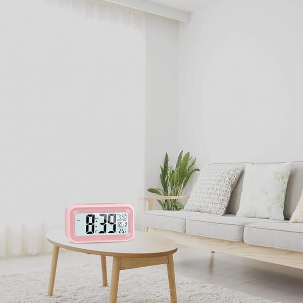 Digital väckarklocka med temperaturvisning, smart ljusstyrkesensor, rosa för hem och sovrum